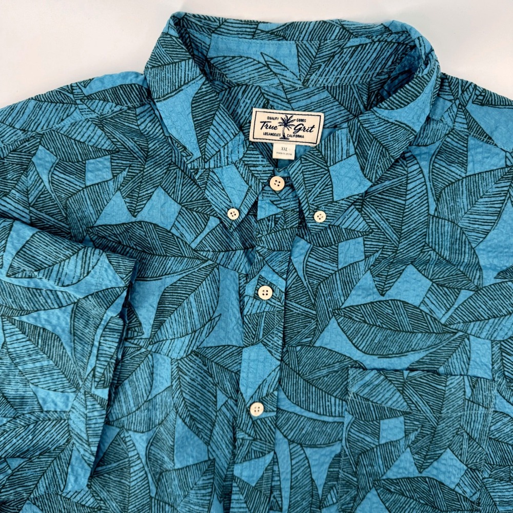 True Grit Seersucker Shirt XXL‎ Blue Green Leaf Print Short Sleeve Cotton Button